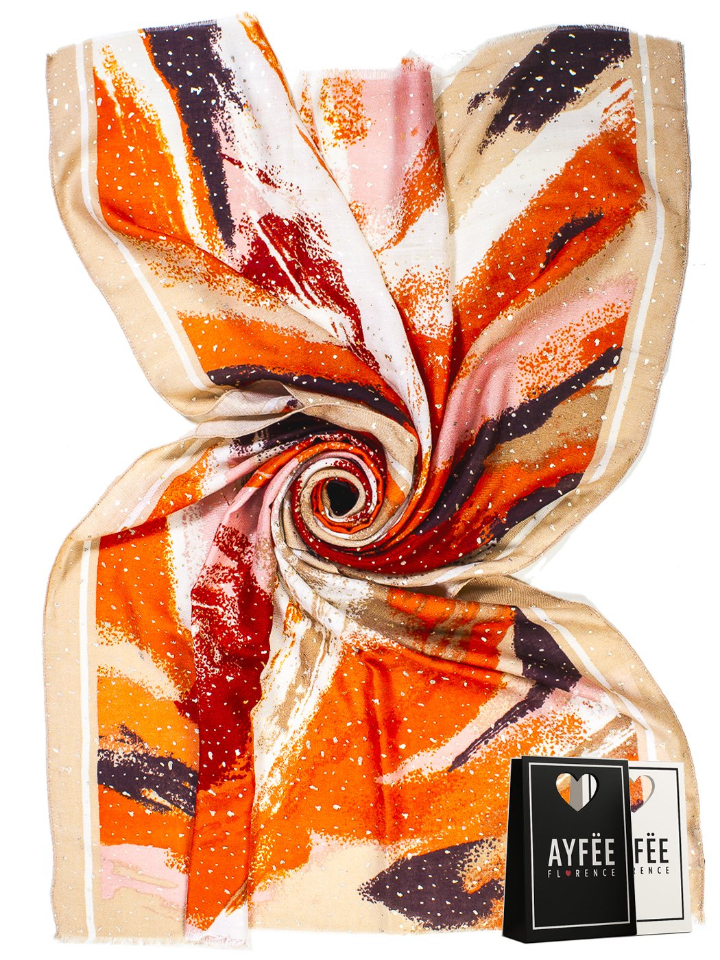 STOLA STAMPA ABSTRACT PAINTING CON GLITTER, CM 90*180, 100% VISCOSE, MADE IN PRC   - ORANGE